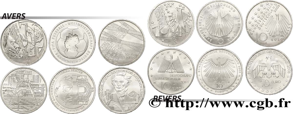 GERMANY Lot 6 pièces de 10 Euro (ateliers A, D, F, G, J et Coupe du Monde) 2003 AU58