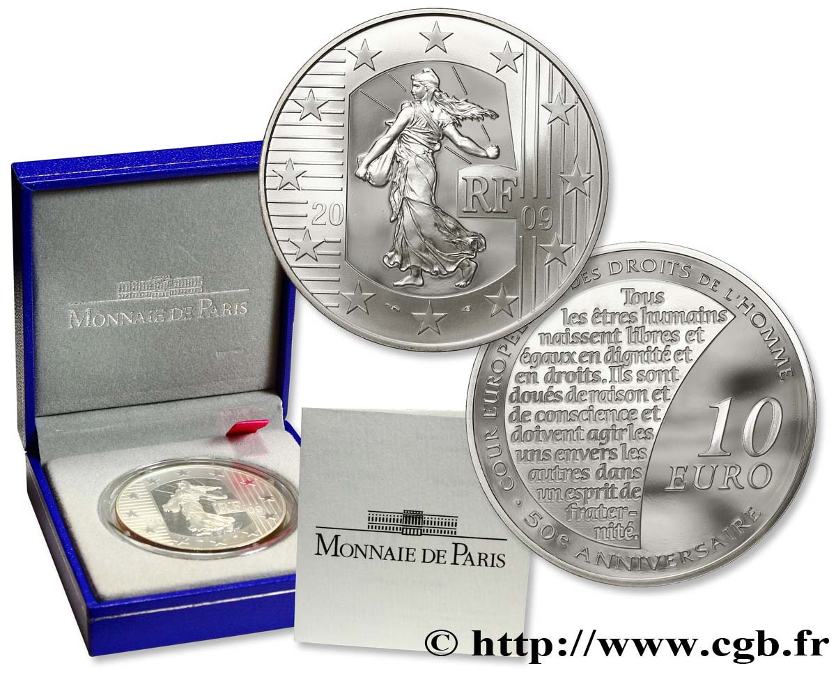 FRANCE Belle Épreuve 10 Euro LA SEMEUSE - CINQUANTIÈME ANNIVERSAIRE DE LA COUR EUROPÉENNE DES DROITS DE L’HOMME 2009 BE