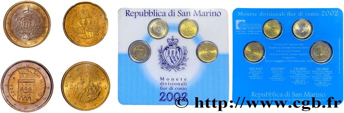 RÉPUBLIQUE DE SAINT- MARIN MINI-SÉRIE Euro BRILLANT UNIVERSEL 20 Cent, 50 Cent, 1 Euro, 2 Euro 2002 BU