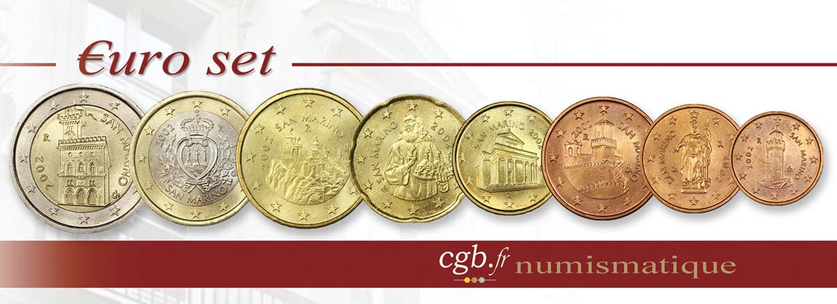 RÉPUBLIQUE DE SAINT- MARIN LOT DE 8 PIÈCES EURO (1 Cent - 2 Euro Domus Magna) 2002 SUP