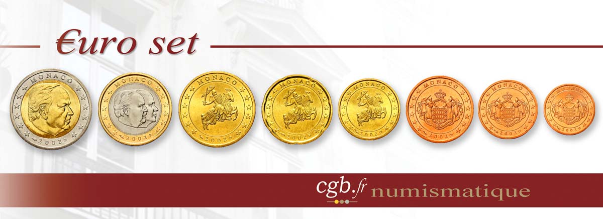 MONACO LOT DE 8 PIÈCES EURO (1 Cent - 2 Euro Prince Rainier III) 2002 MS