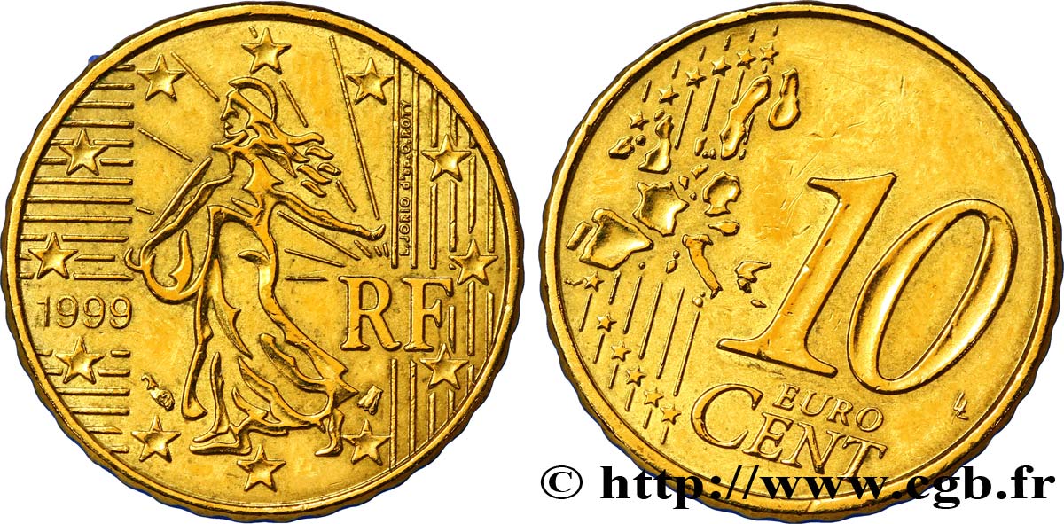 FRANCE 10 Cent Nouvelle Semeuse, second type, désaxée à 2h 1999 AU58