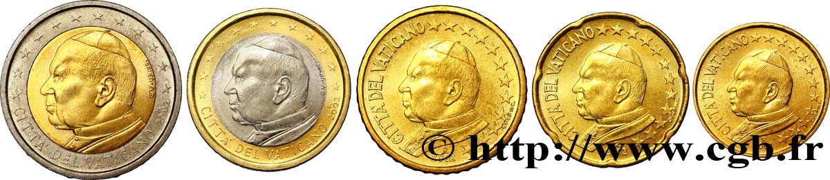 VATICAN LOT DE 5 PIÈCES EURO (10 Cent à 2 Euro Jean-Paul II) 2002 MS
