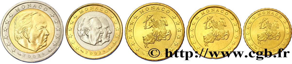 MONACO LOT DE 5 PIÈCES EURO (10 Cent à 2 Euro Prince rainier III) 2002 SUP
