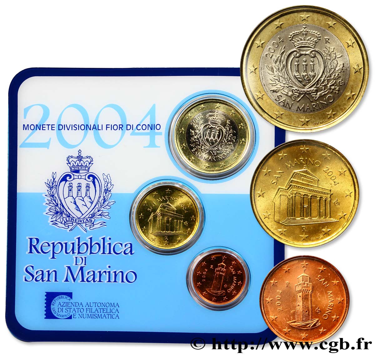 RÉPUBLIQUE DE SAINT- MARIN MINI-SÉRIE Euro BRILLANT UNIVERSEL 1 Cent, 10 Cent et 1 Euro  2004 BU