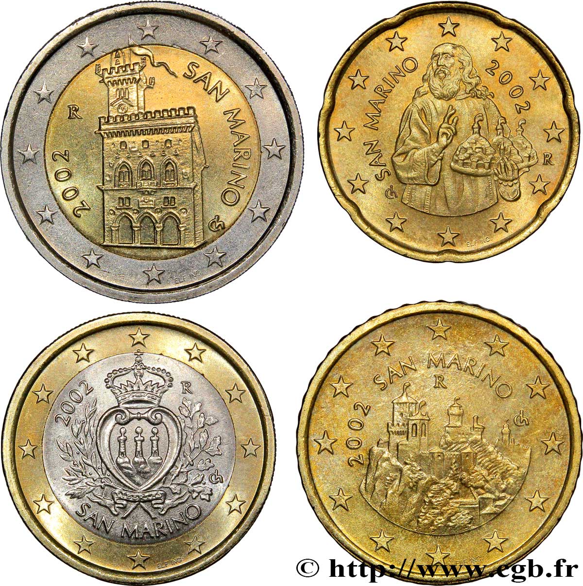 RÉPUBLIQUE DE SAINT- MARIN LOT DE 4 PIÈCES EURO (20 Cent, 50 Cent, 1 Euro et 2 Euro Domus Magna) 2002 SPL