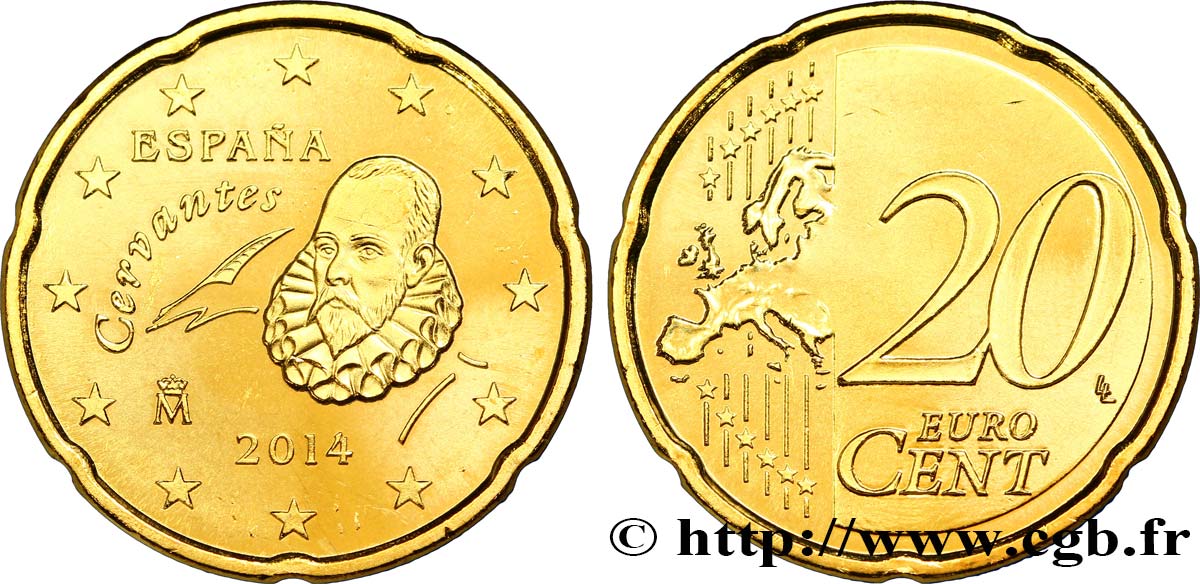 SPAIN 20 Cent CERVANTÈS 2014 MS63