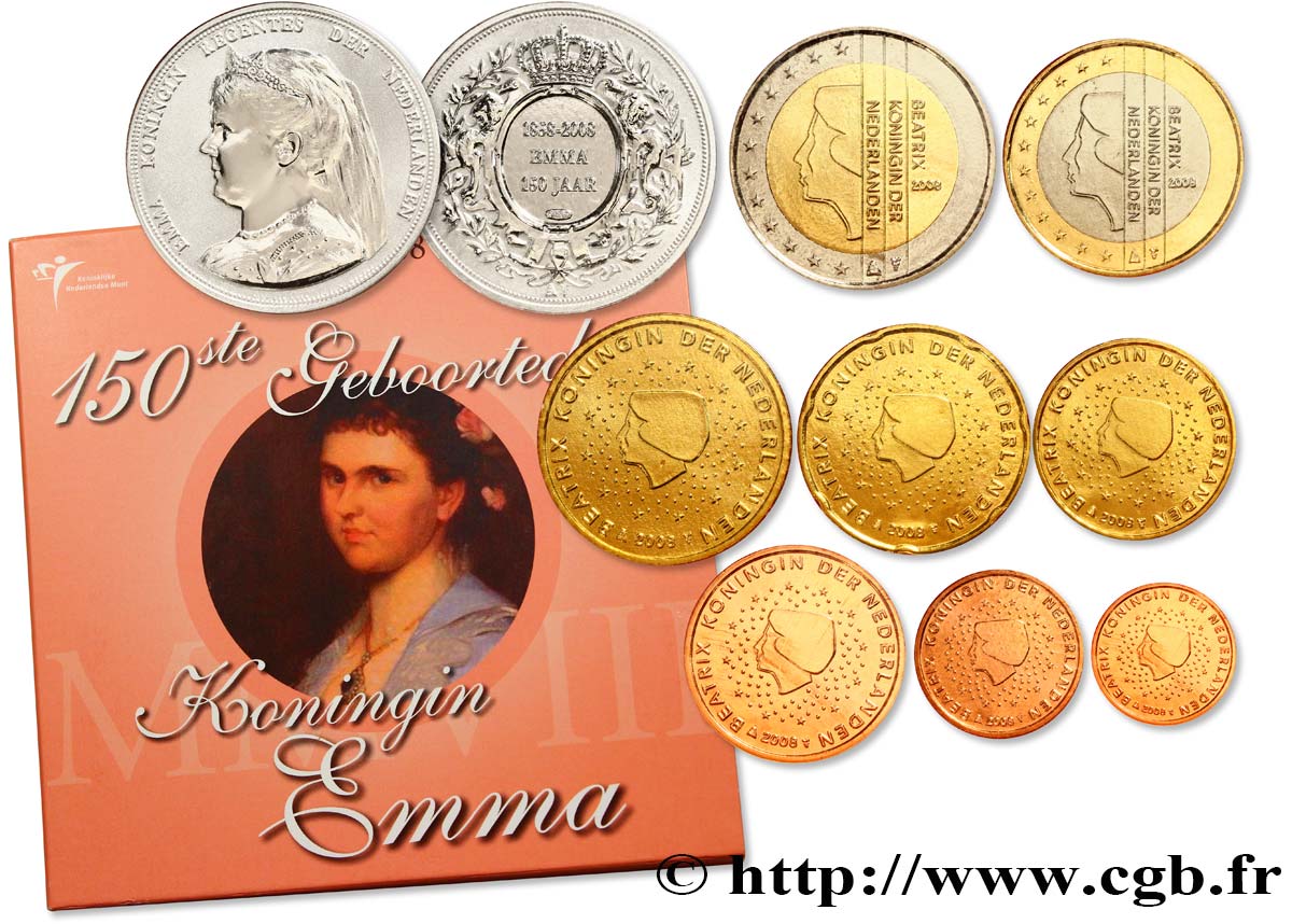 NETHERLANDS SÉRIE Euro BRILLANT UNIVERSEL - 150ème anniversaire de la naissance de la reine Emma  2008 Brilliant Uncirculated