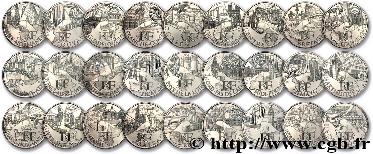 FRANCE Lot des 27 pièces 10 Euro des RÉGIONS 2011 2011 MS63