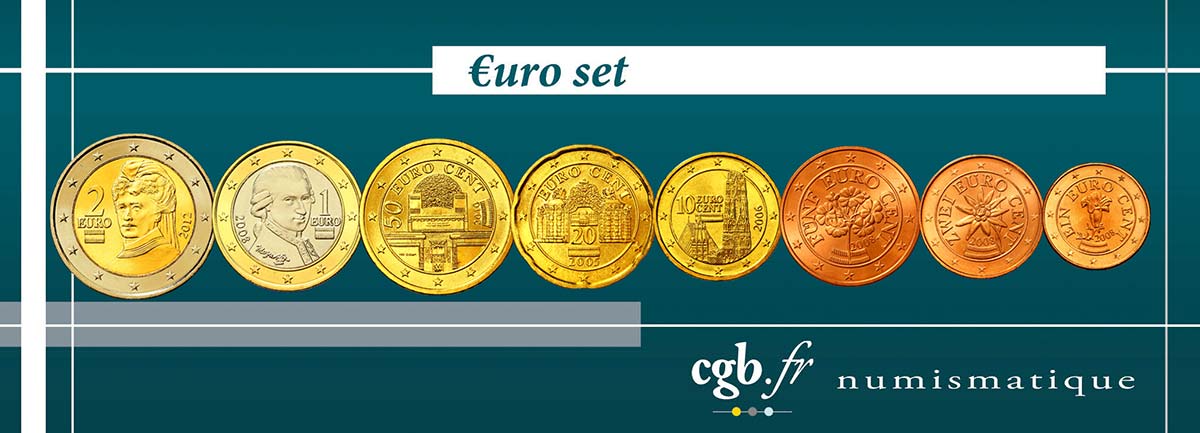 AUTRICHE LOT DE 8 PIÈCES EURO (1 Cent - 2 Euro Von Suttner) n.d. SPL63
