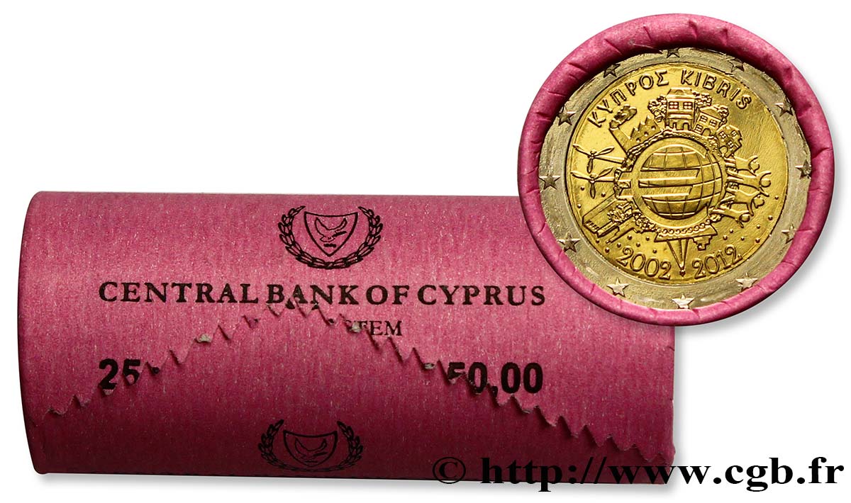 CYPRUS Rouleau 25 x 2 Euro 10 ANS DES PIÈCES ET BILLETS EN EUROS  2012 MS63