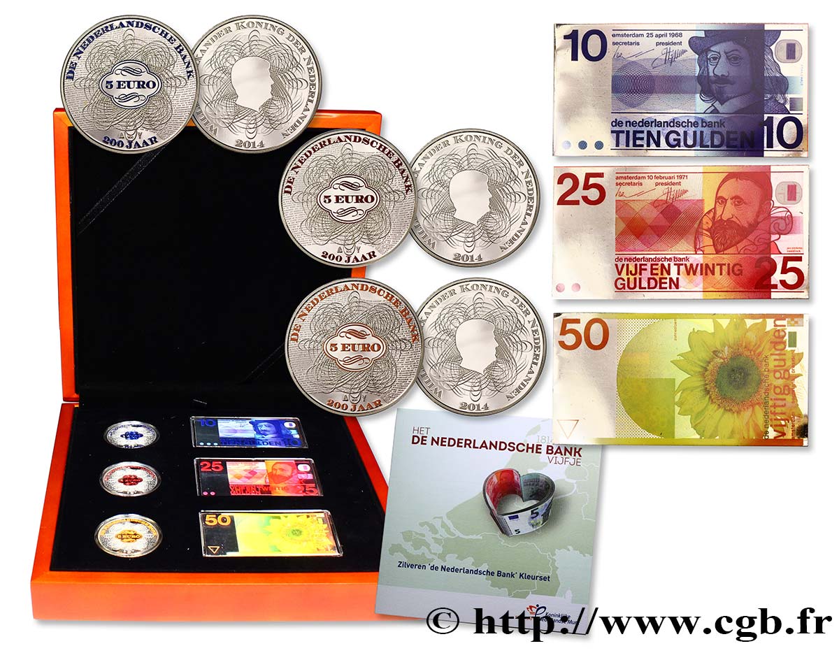 PAYS-BAS Coffret 3 x 5 Euro 200 ANS DE LA BANQUE NATIONALE NÉERLANDAISE ( + trois médailles/billets) 2014 BE
