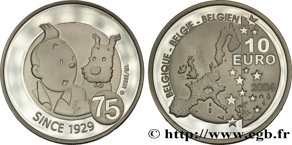 BELGIEN Belle Épreuve 10 Euro TINTIN - 75 ème ANNIVERSAIRE 2004