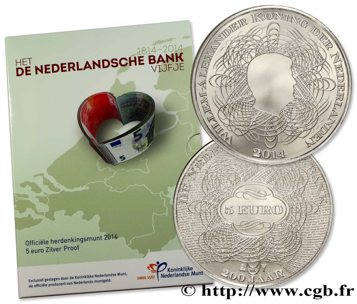 NIEDERLANDE Belle Épreuve 5 Euro 200 ANS DE LA BANQUE NATIONALE NÉERLANDAISE 2014