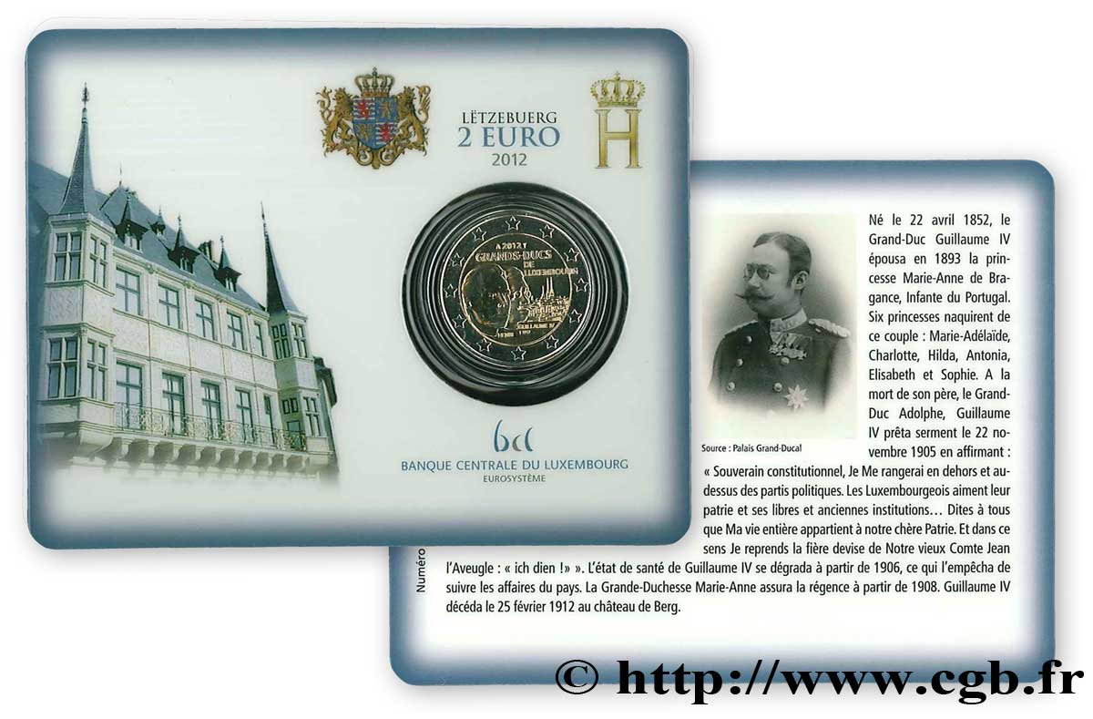 LUXEMBURGO Coin-Card 2 Euro GRAND-DUC GUILLAUME IV 2012 BU