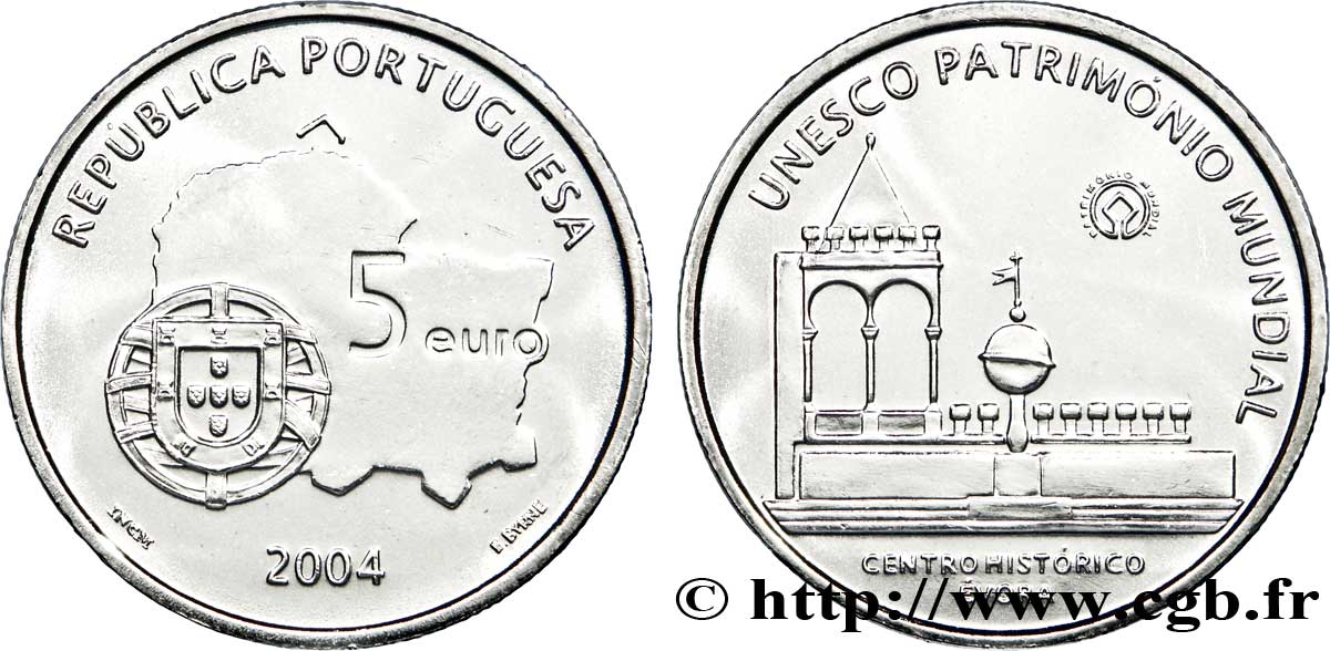 PORTOGALLO 5 Euro CENTRE HISTORIQUE D EVORA 2004 MS63