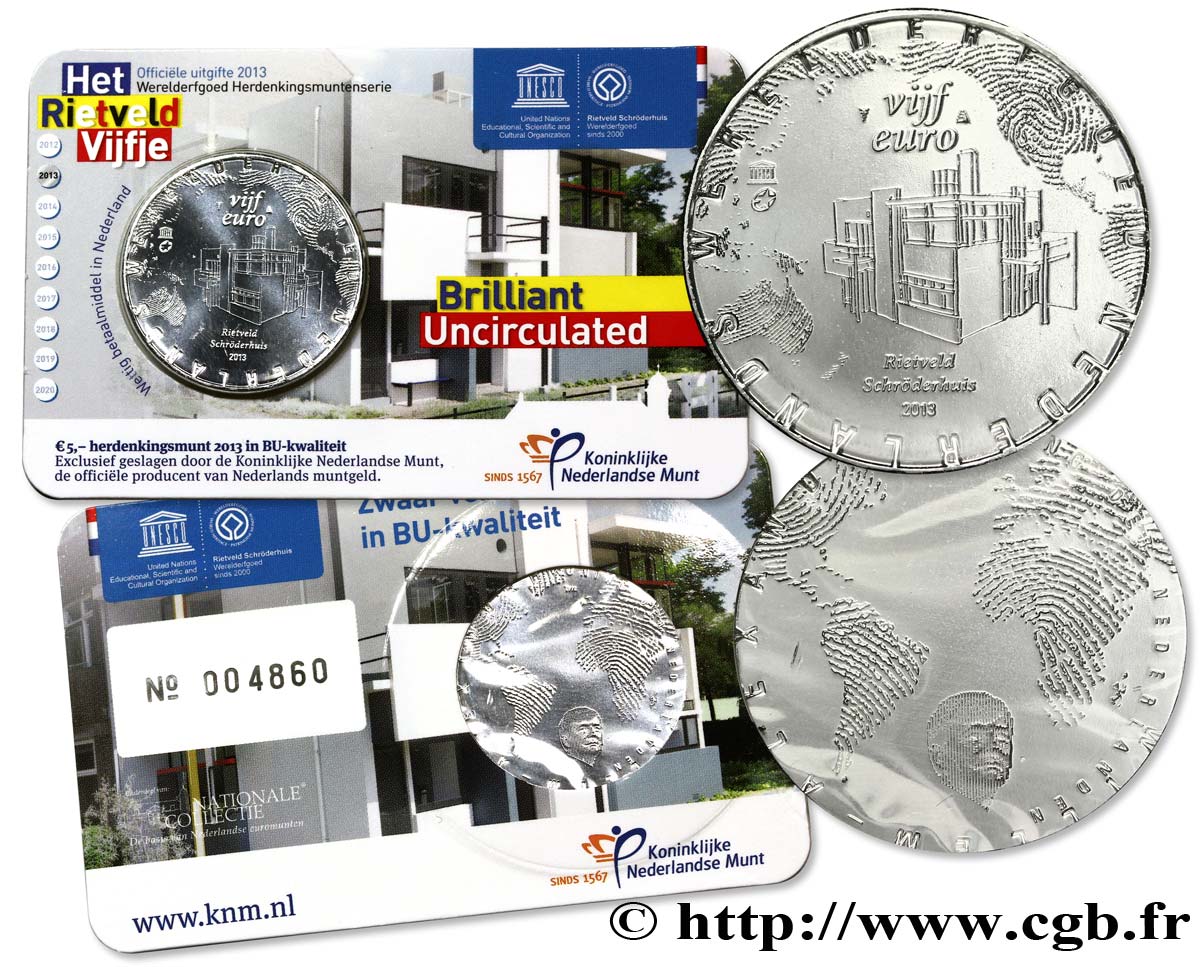 PAESI BASSI Coin-Card 5 Euro MAISON SCHRÖDER DE RIETVELD 2013 MS63