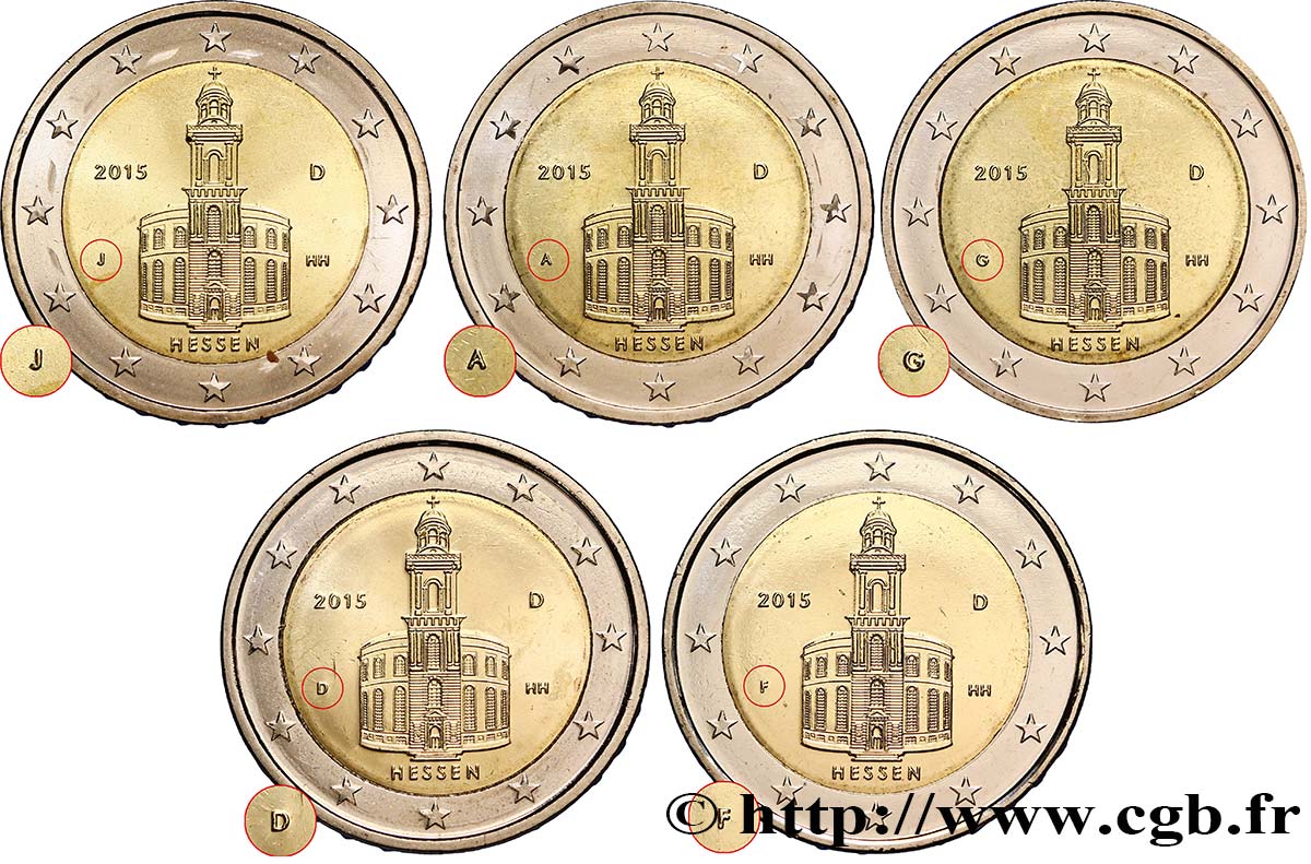 ALLEMAGNE lot les 5 ateliers 2 Euro HESSE - EGLISE SAINT - PAUL  2015 SPL63