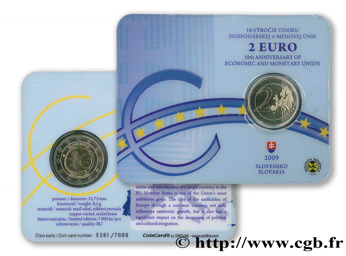 SLOVAKIA Coin-Card 2 Euro 10e ANNIVERSAIRE DE L’EURO 2009 Brilliant Uncirculated
