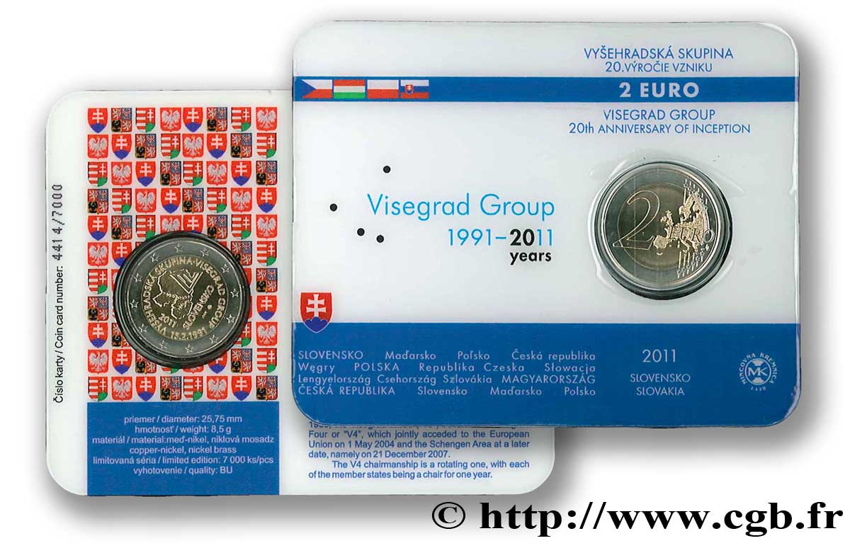 SLOVAKIA Coin-Card 2 Euro 20ème ANNIVERSAIRE DU GROUPE DE VISEGRAD  2011 Brilliant Uncirculated