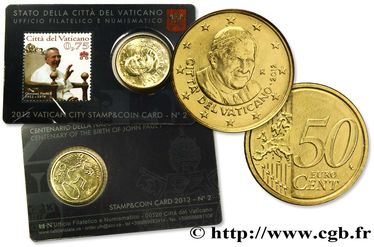 VATIKAN Coin-Card (n°2) 50 Cent CENTENAIRE DE LA NAISSANCE DE JEAN-PAUL Ier (+ timbre)
 2012