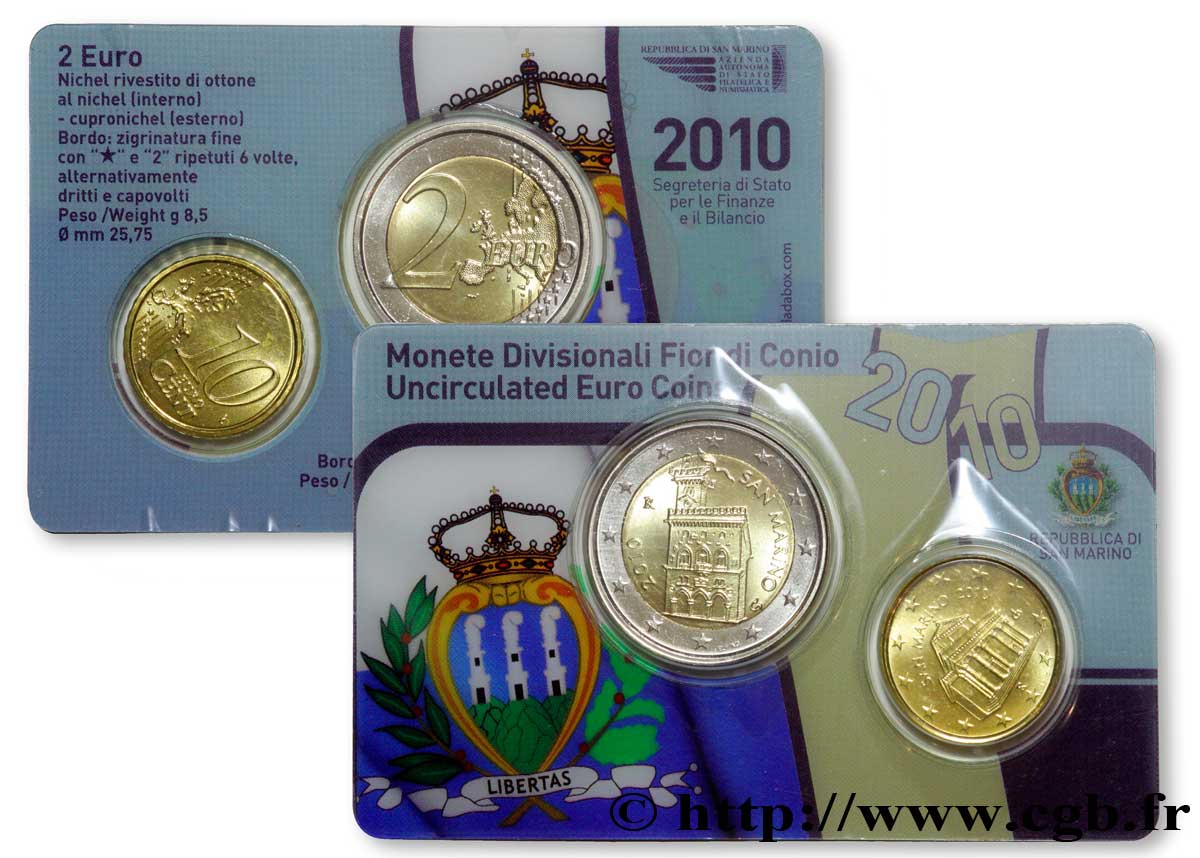 RÉPUBLIQUE DE SAINT- MARIN MINI-SÉRIE Euro BRILLANT UNIVERSEL 10 Cent et 2 Euro 2010 BU