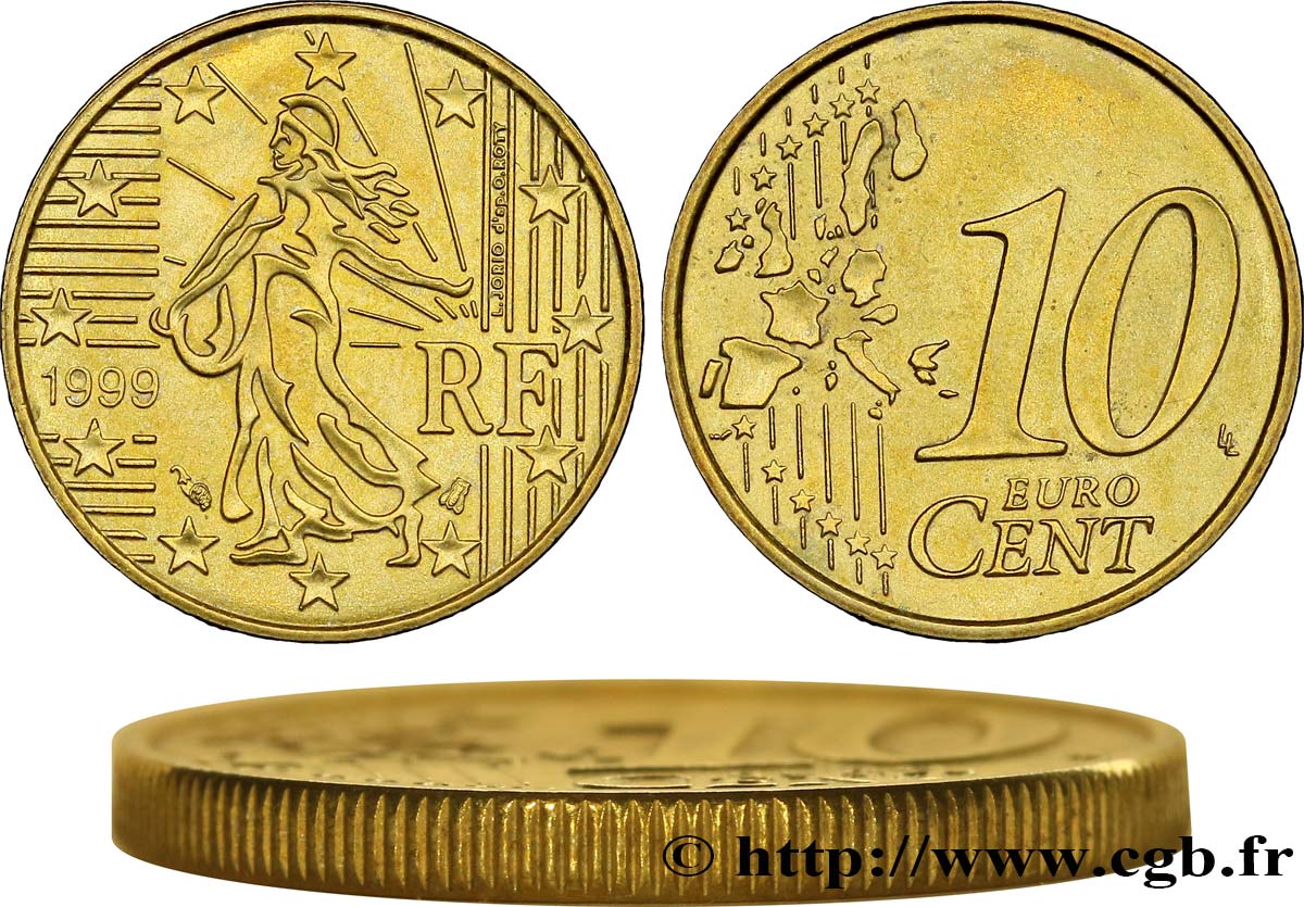 FRANCE 10 Cent Nouvelle Semeuse, premier type (stries fines), non difformée 1999 SPL