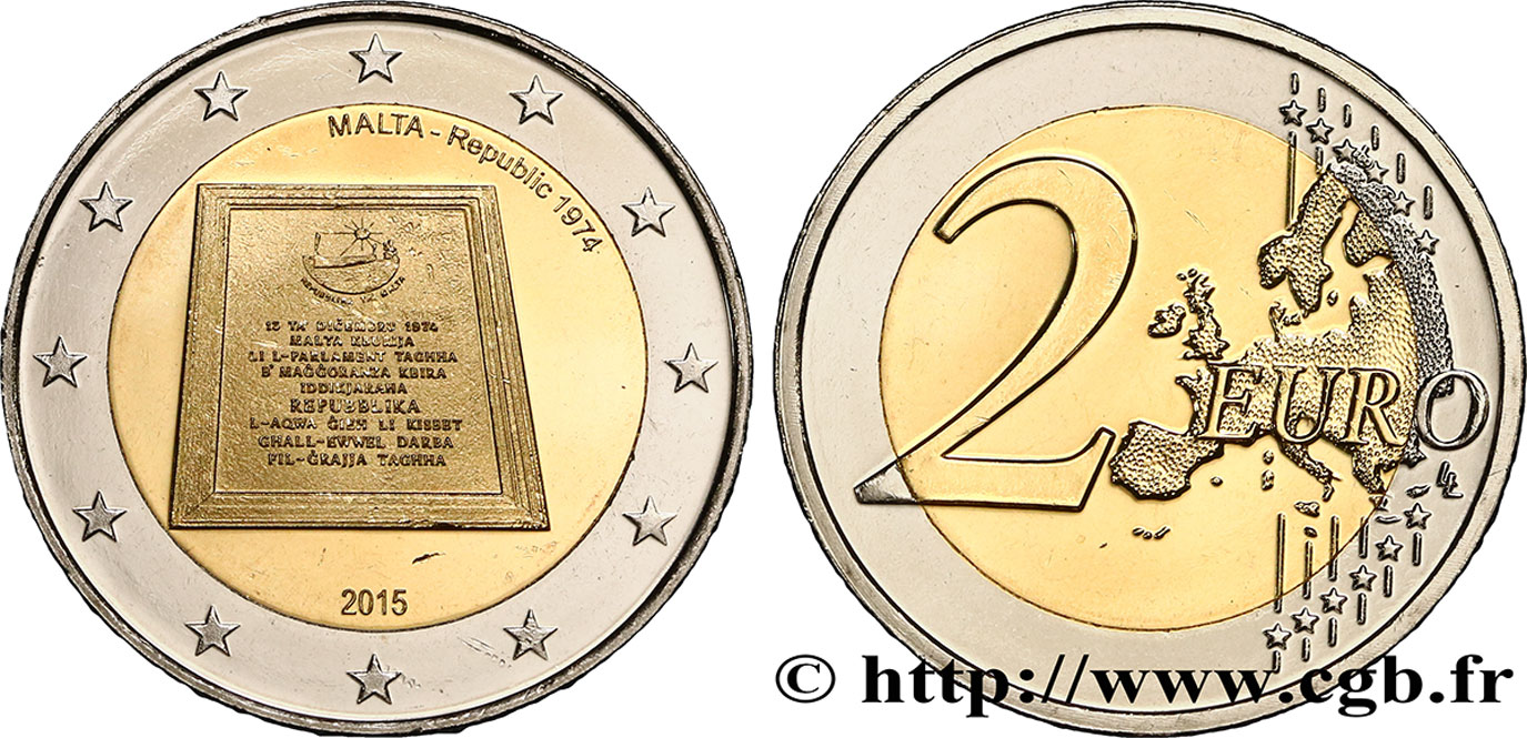 MALTA 2 Euro 1974, PROCLAMATION DE LA RÉPUBLIQUE  2015 MS