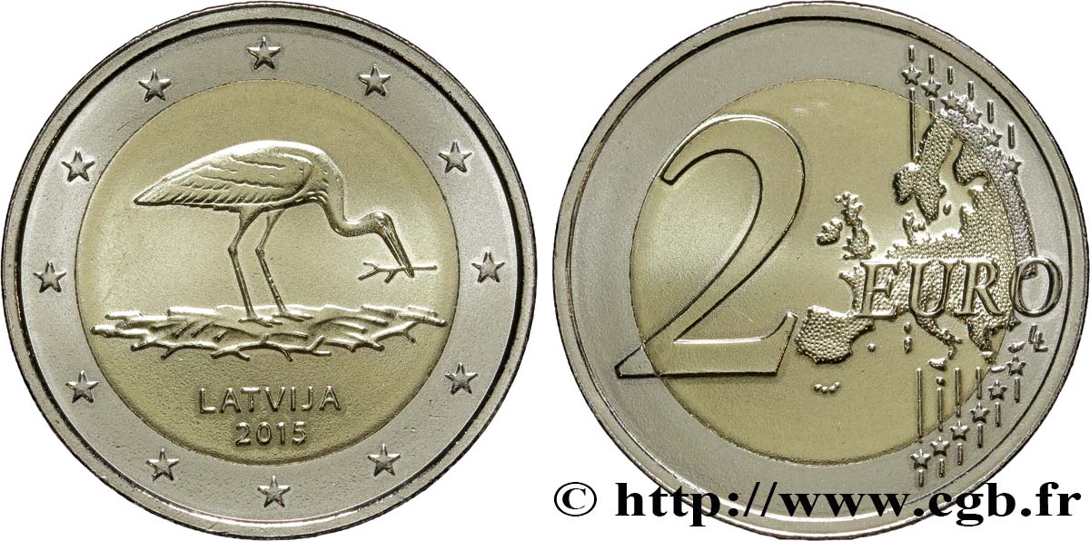 LATVIA 2 Euro CIGOGNE NOIRE 2015 MS