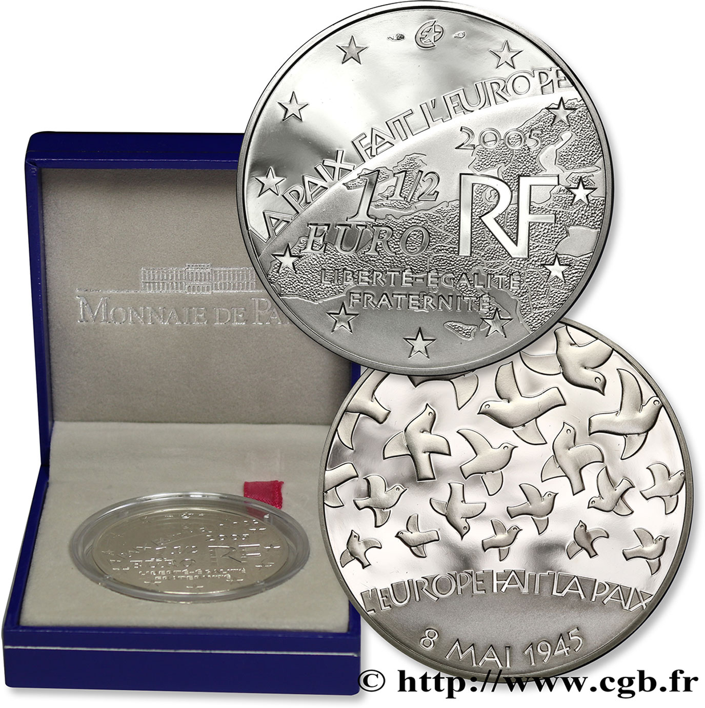 FRANCE Belle Épreuve 1 Euro 1/2 60e ANNIVERSAIRE DE LA FIN DE LA SECONDE GUERRE MONDIALE 2005 BE