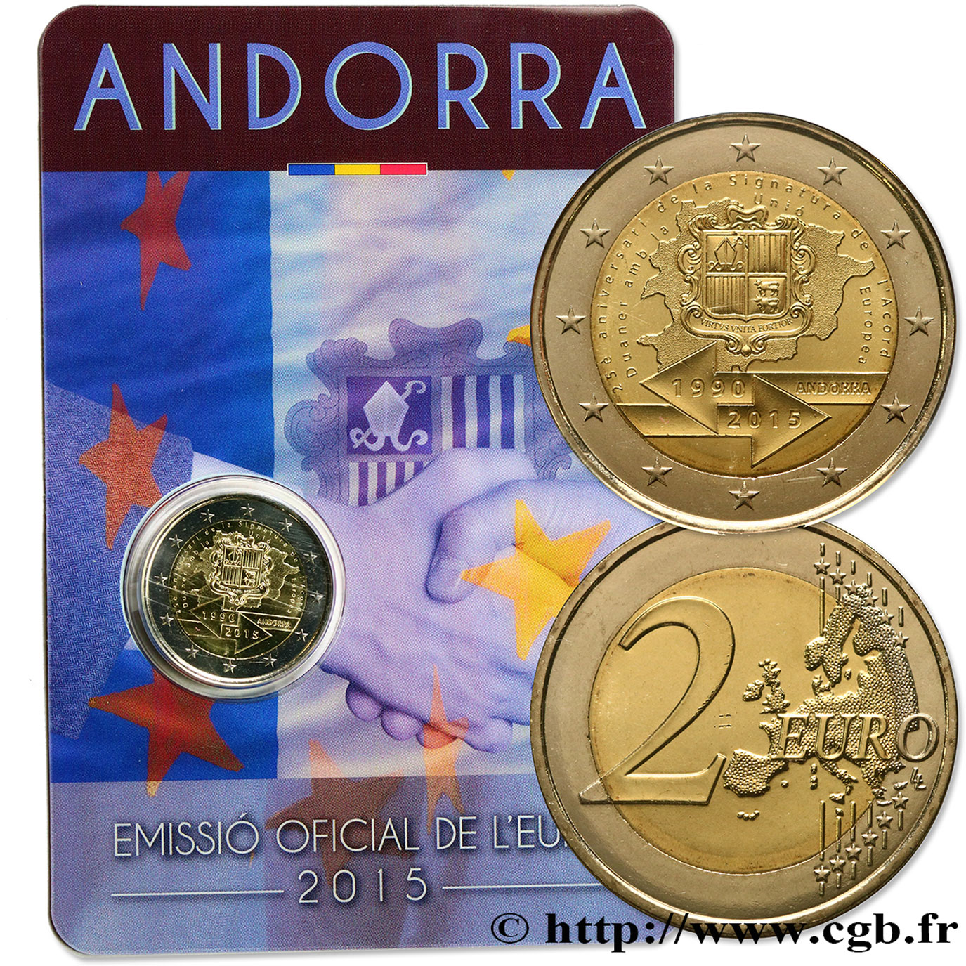 ANDORRA Coin-card 2 Euro 25e ANNIVERSAIRE DE LA SIGNATURE DE L ACCORD DOUANIER AVEC L UNION EUROPÉENNE  2015 Brilliant Uncirculated