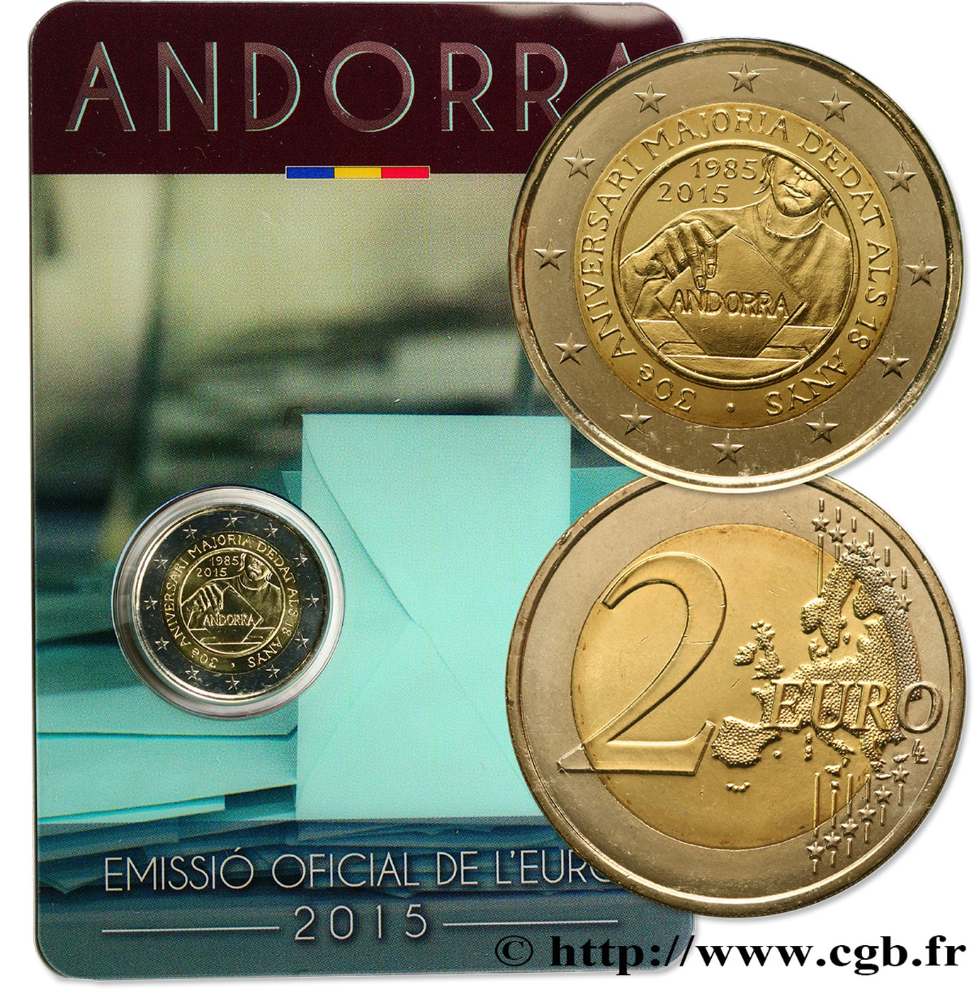 ANDORRA (PRINCIPALITY) Coin-card 2 Euro 30e ANNIVERSAIRE DE L ÂGE LÉGAL DE LA MAJORITÉ 2015 Brilliant Uncirculated