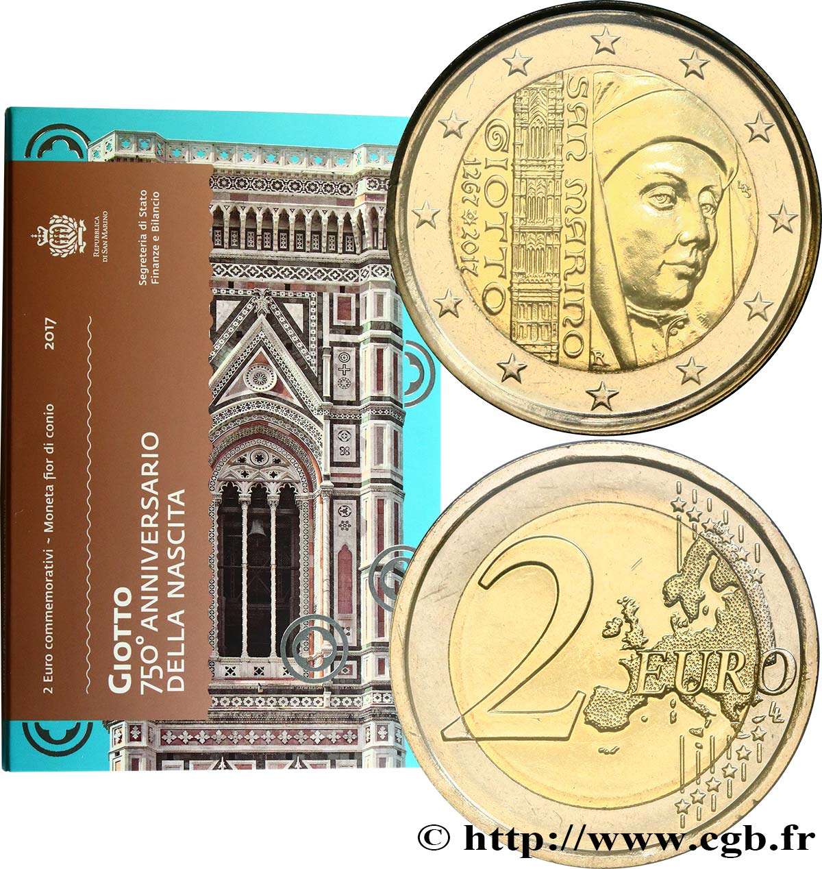 SAN MARINO Blister BU 2 Euro GIOTTO 2017 Brilliant Uncirculated