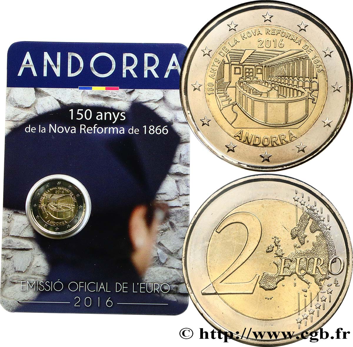 ANDORRA Coin-card 2 Euro 150e ANNIVERSAIRE DE LA NOUVELLE REFORME (1866)  2016 BU