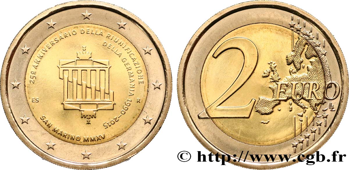 SAN MARINO 2 Euro 25e ANNIVERSAIRE DE LA RÉUNIFICATION DE L&nbsp;ALLEMAGNE  2015 Brilliant Uncirculated