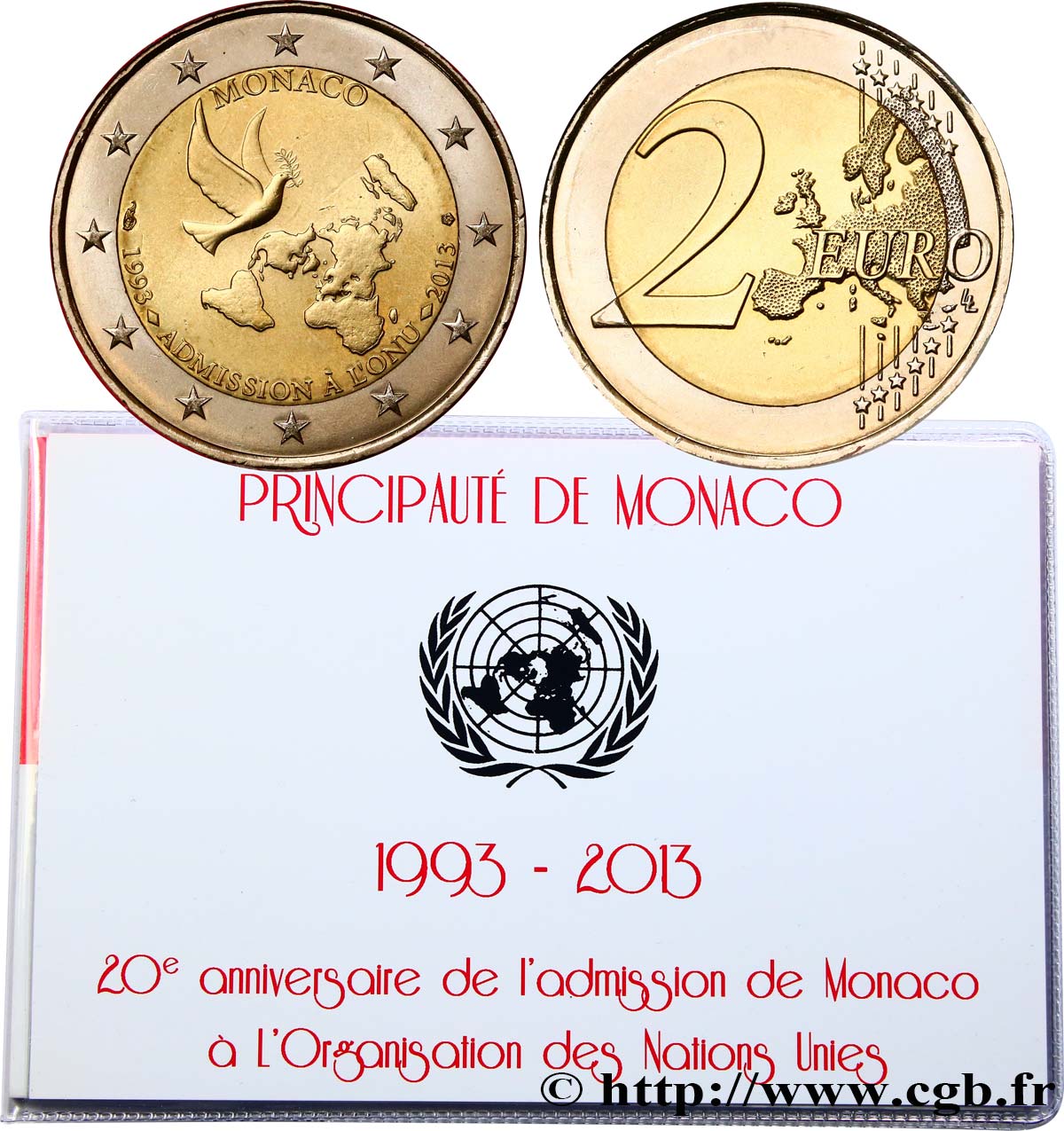 MONACO Encart 2 Euro et Timbre 20e ANNIVERSAIRE DE L ADHÉSION A L ONU 2013