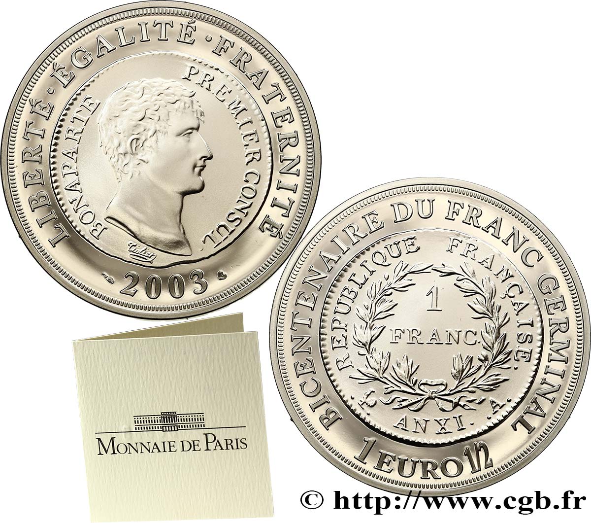 FRANKREICH Belle Épreuve 1 Euro 1/2 BICENTENAIRE du FRANC GERMINAL 2003