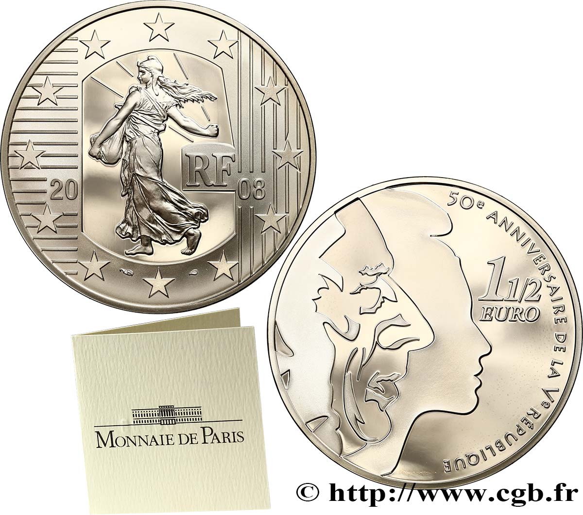 FRANCE Belle Épreuve 1 Euro 1/2 LA SEMEUSE - CINQUANTIÈME ANNIVERSAIRE DE LA Vème RÉPUBLIQUE 2008 BE
