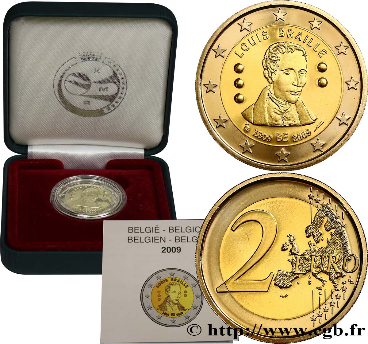 BÉLGICA Belle Épreuve 2 Euro BICENTENAIRE DE LA NAISSANCE DE LOUIS BRAILLE 2009 Prueba
