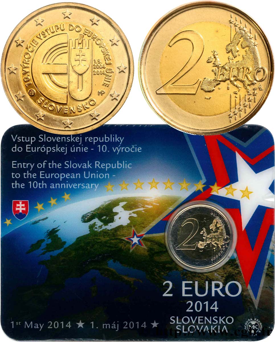 SLOVAKIA Coin-Card 2 Euro 10 ANS D’ADHÉSION À L’UNION EUROPÉENNE 2014 Brilliant Uncirculated