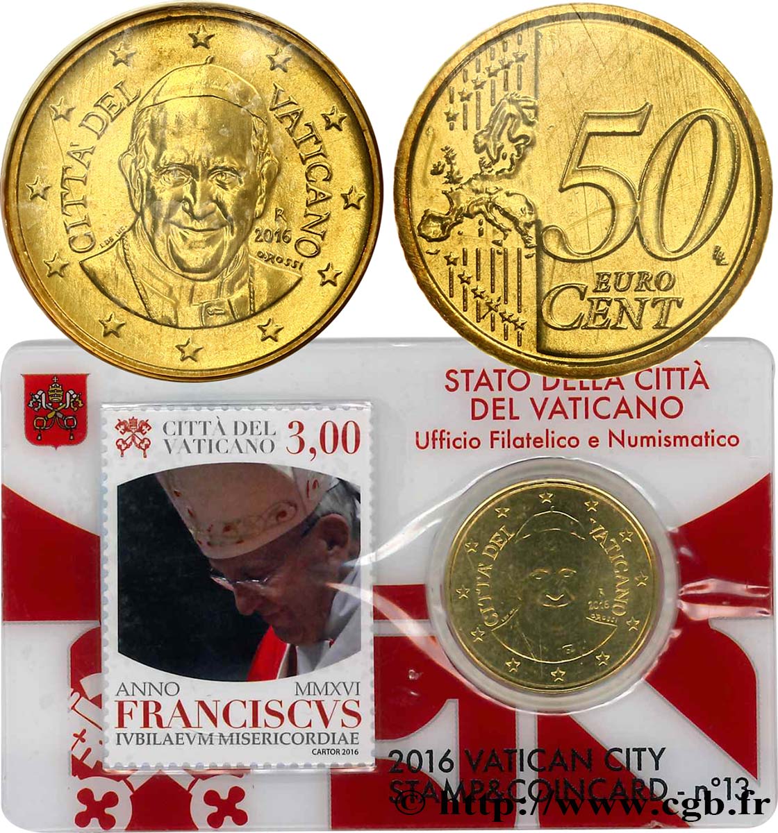 VATICAN Coin-Card (n°13) 50 Cent PAPE FRANÇOIS (+ timbre)
 2016 Brilliant Uncirculated