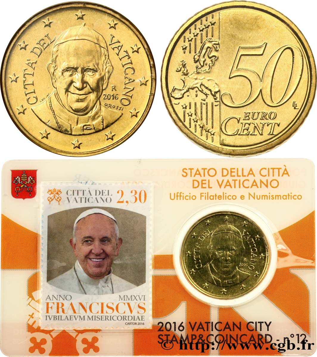 VATICAN Coin-Card (n°12) 50 Cent PAPE FRANÇOIS (+ timbre)
 2016 Brilliant Uncirculated