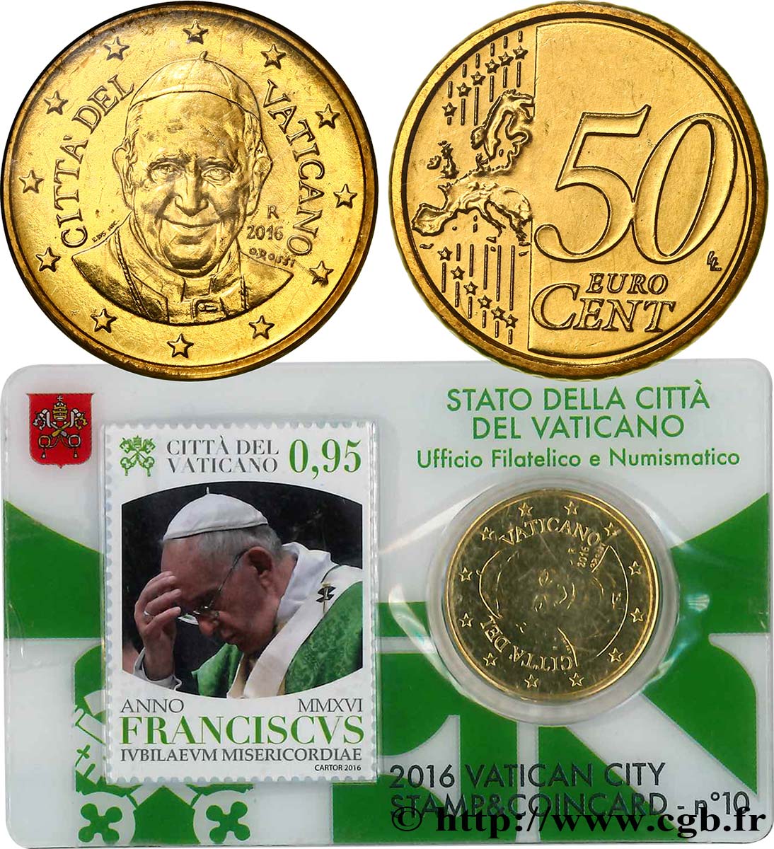 VATICAN Coin-Card (n°10) 50 Cent PAPE FRANÇOIS (+ timbre)
 2016 Brilliant Uncirculated
