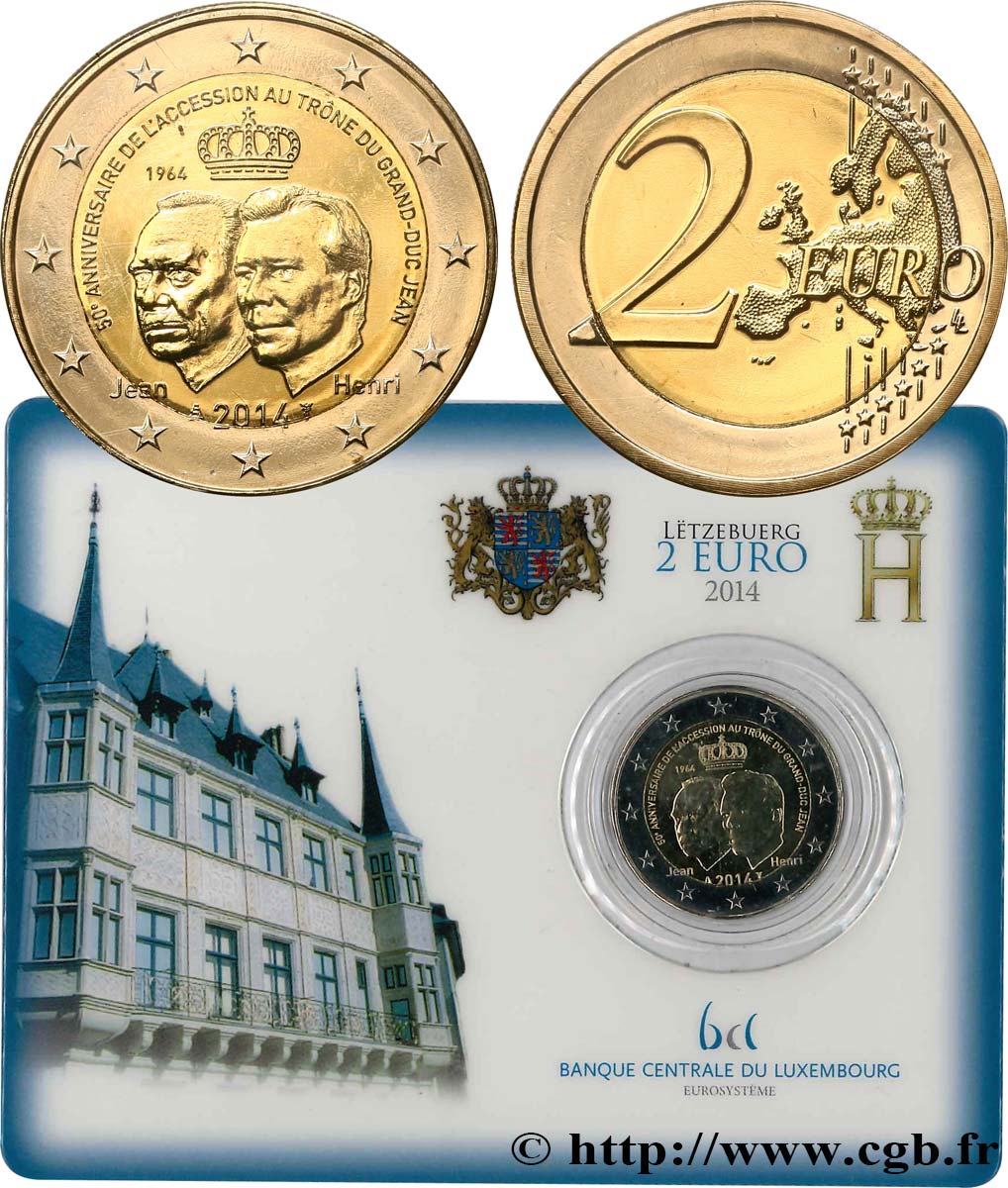 LUXEMBOURG Coin-Card 2 Euro 50e ANNIVERSAIRE DE L ACCESSION AU TRÔNE DU GRAND-DUC JEAN 2014 BU
