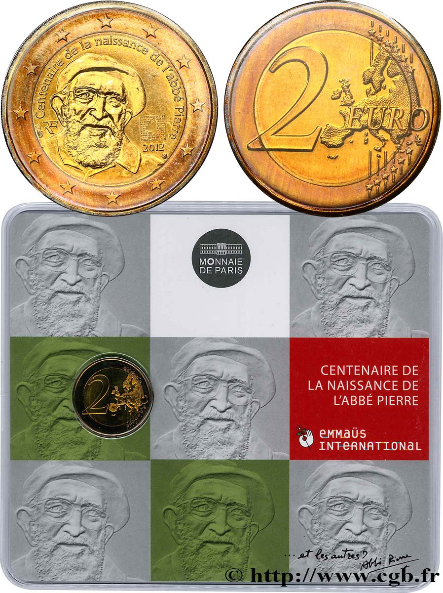 FRANCE Coin-Card 2 Euro CENTENAIRE DE LA NAISSANCE DE L’ABBE PIERRE 2012 BU