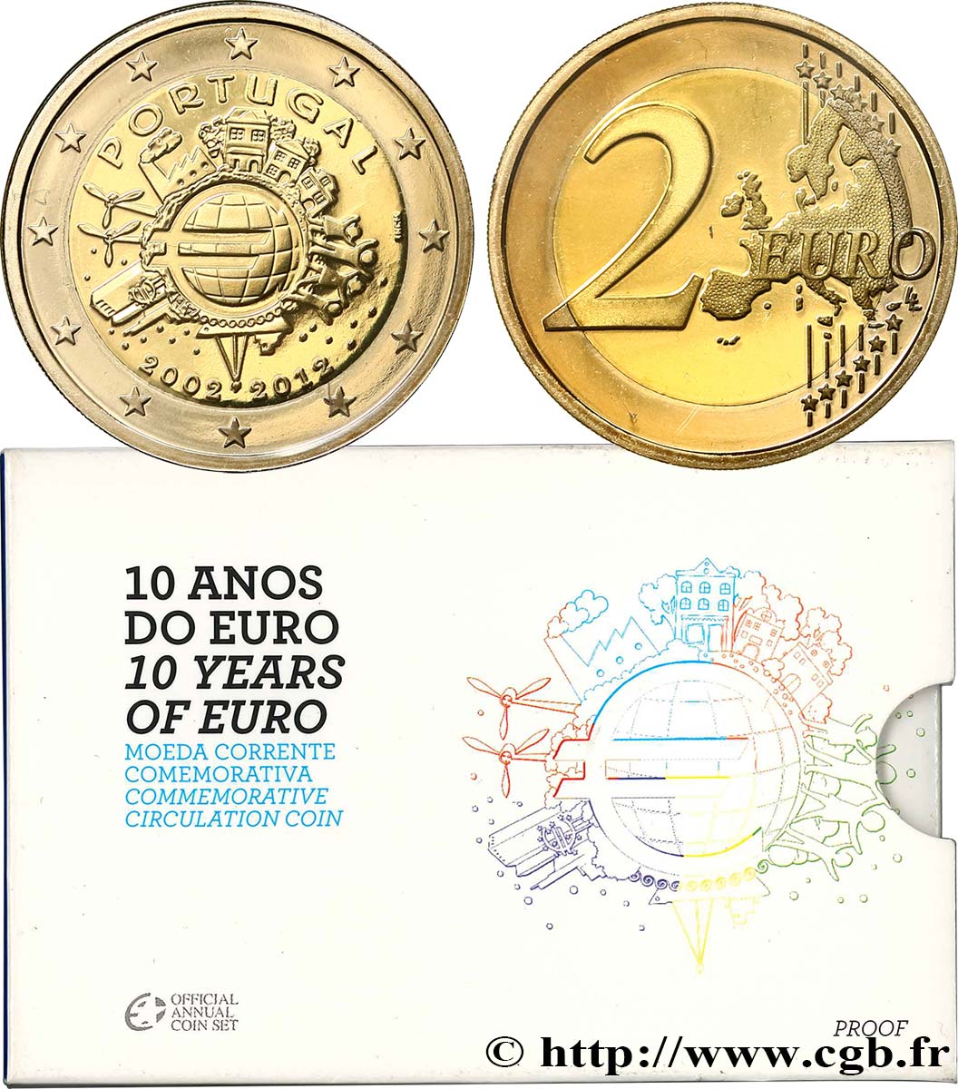 PORTUGAL Belle Épreuve 2 Euro 10 ANS DES PIÈCES ET BILLETS EN EUROS  2012