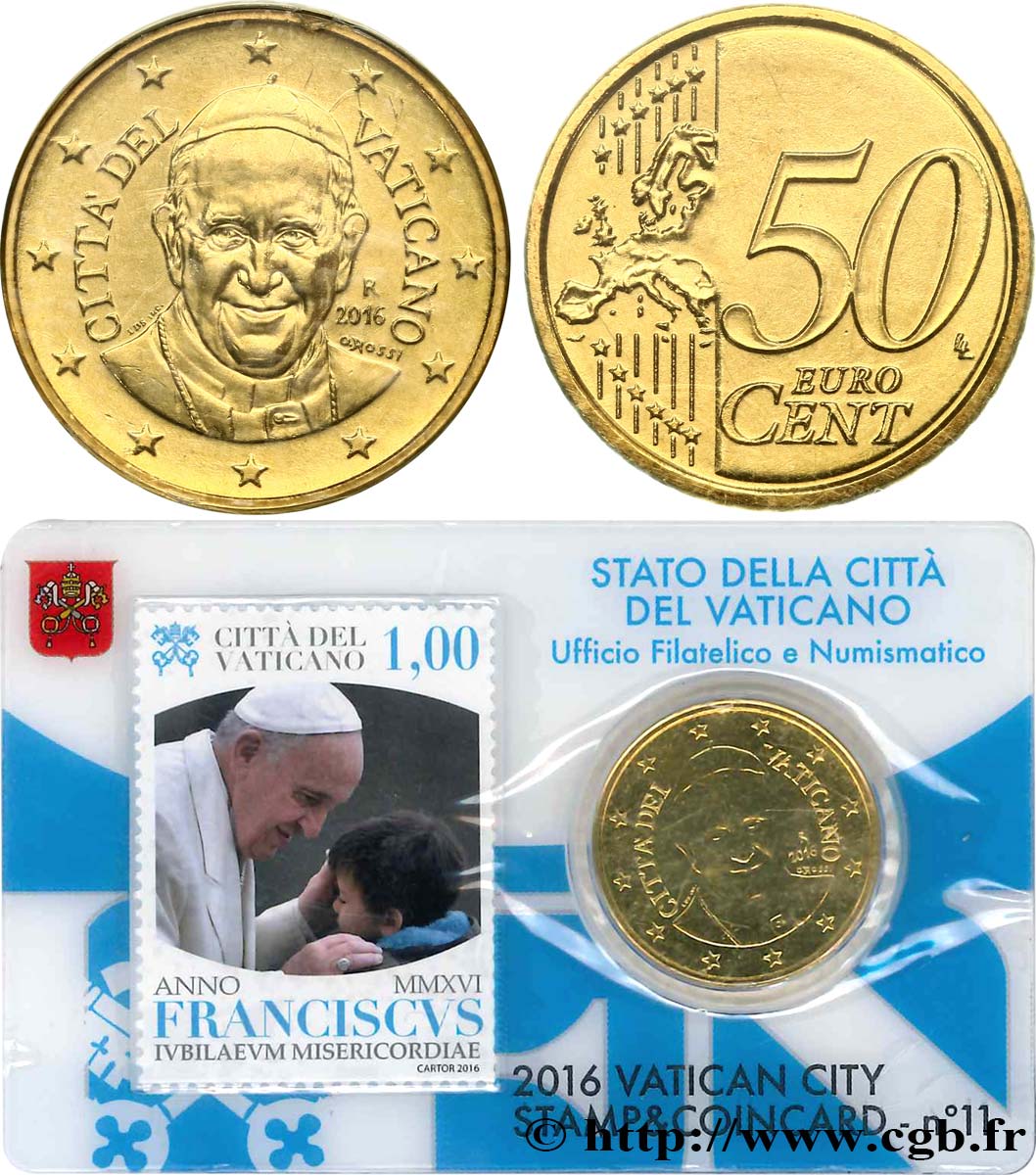 VATICAN Coin-Card (n°11) 50 Cent PAPE FRANÇOIS (+ timbre)
 2016 Brilliant Uncirculated