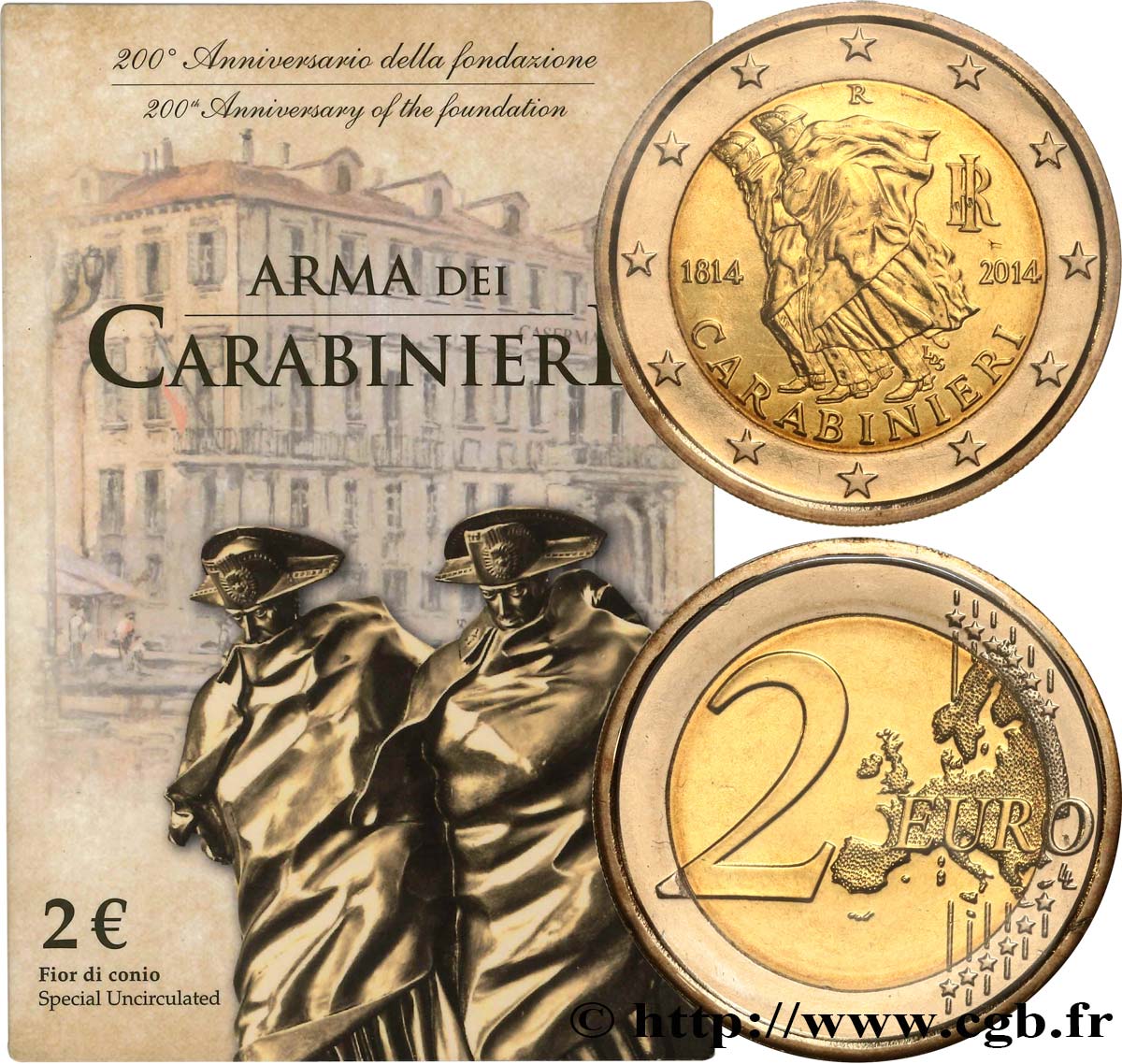 ITALIEN Blister Brillant Universel 2 Euro ARME DES CARABINIERS 2014