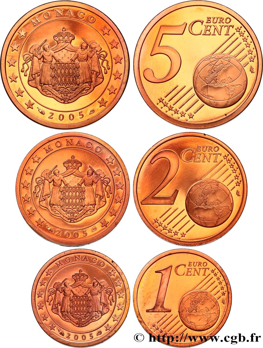 MONACO LOT 1 Cent, 2 Cent, 5 Cent ARMOIRIES 2005 MS