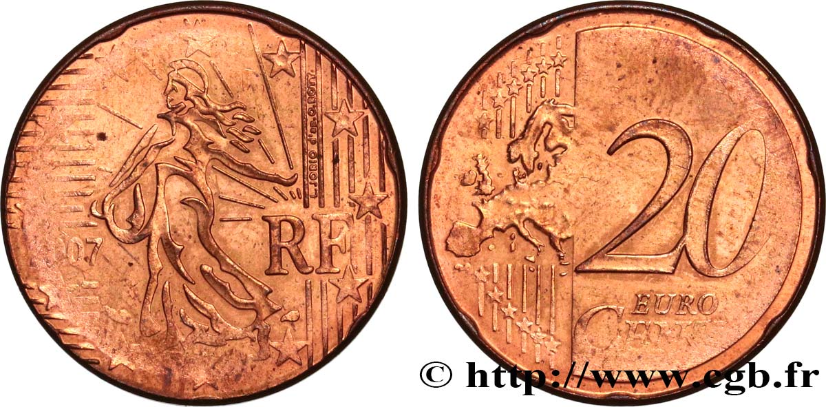 FRANCE 20 Cent Nouvelle Semeuse frappée sur un flan de 5 Cent magnétique 2007 AU